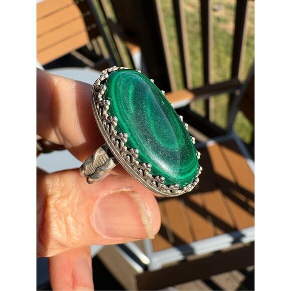 Ring, Green African Malachite and Sterling Silver Ring, Statement Ring, size 8, - Picture 2 of 8